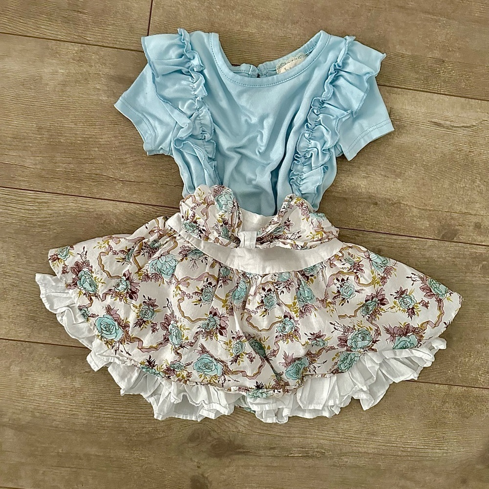 Baby Girl 12 M Ruffle Floral Twirl Tiered Skirt & Matching Ruffle Shirt Set